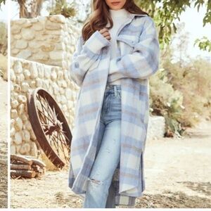 Miss Lola Blue Plaid Long Line Side Slit Fuzzy Button Down Shacket Jacket M/L